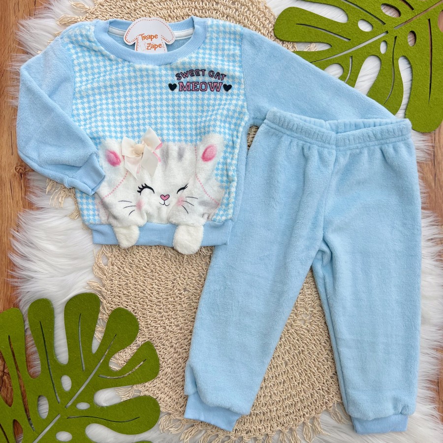 Conj. Casaco Sweet Cat Meow e Calça de Pelinho - Azul Bebê